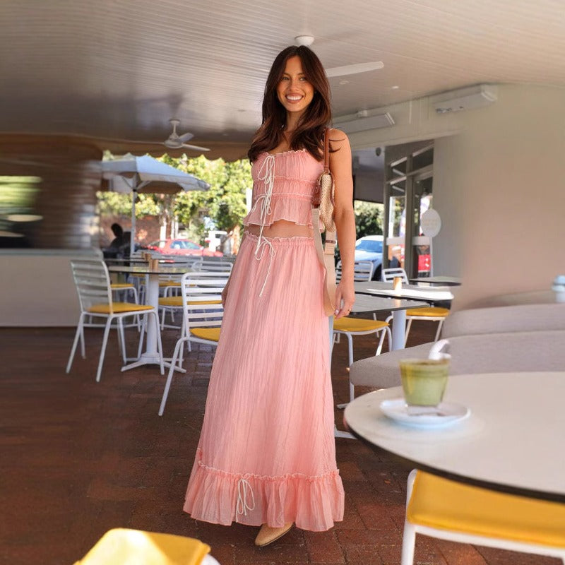 Women's dress: aliexpress women's summer camisole bow sweet top & ruched fairy midi skirt set
