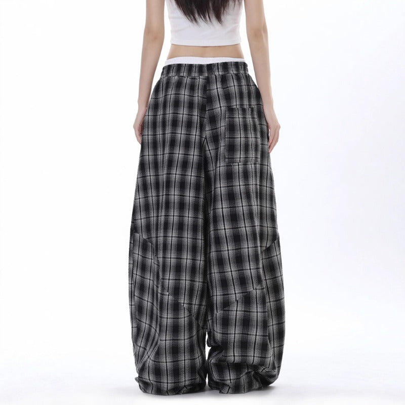 Women casual pants black and white grids high waist