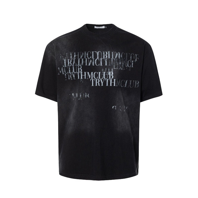 Men's t-shirts: american street style summer dirty spray letter graphic, premium slim collar design, men's loose fit short sleeve tee