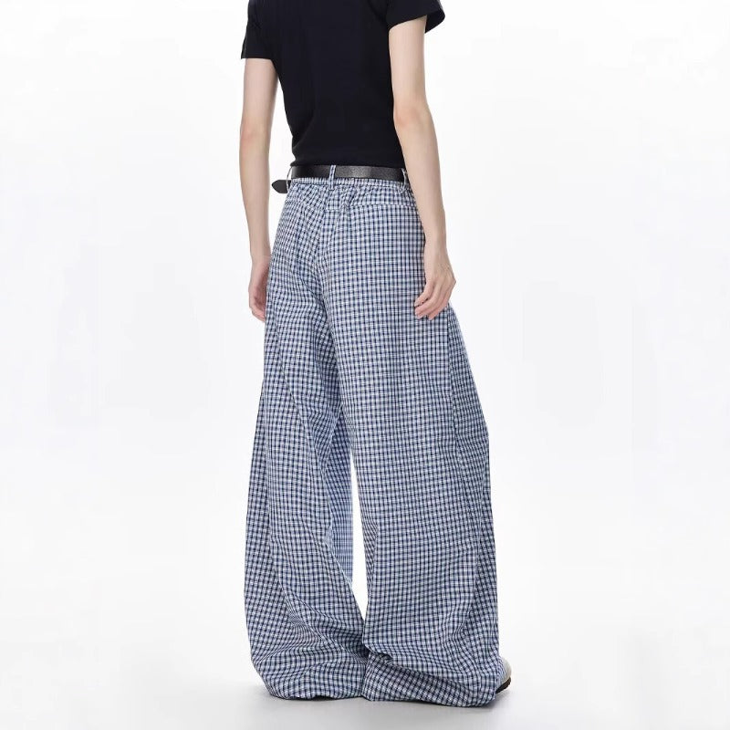 Women casual pants blue plaid summerhigh waist