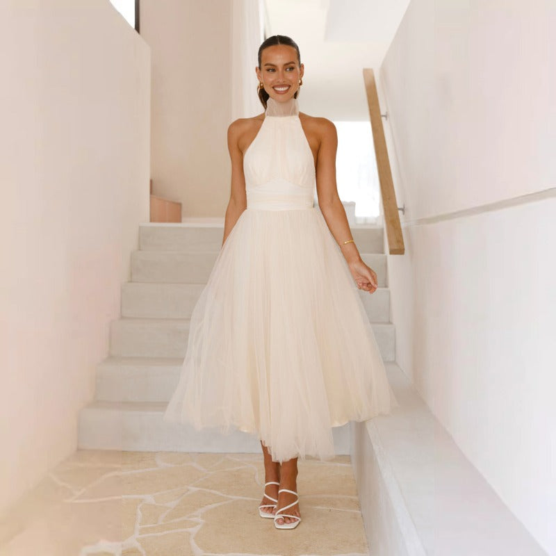Women's dress - cross-border fashion: european & american spring/summer high-end tulle turtleneck casual halter dress