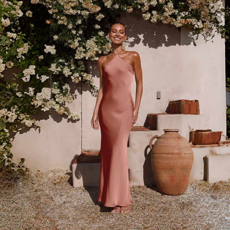 Women's dress - european & american cross-border amazon spring/summer sexy solid color slim-fit sleeveless backless elegant dress