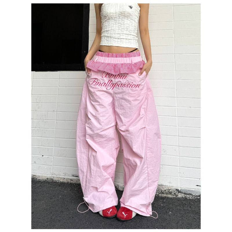 Women casual pants women's plaid lace double waist stitching