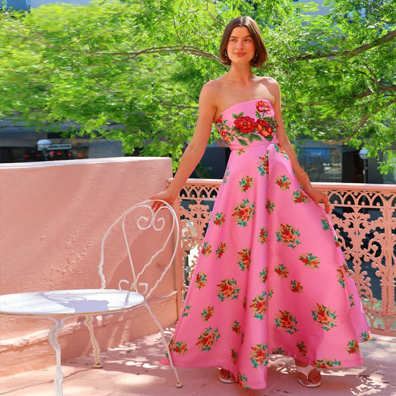 Women's dress: european and american cross-border independent station design, patchwork satin sexy bandeau print high-waisted dress, evening gown