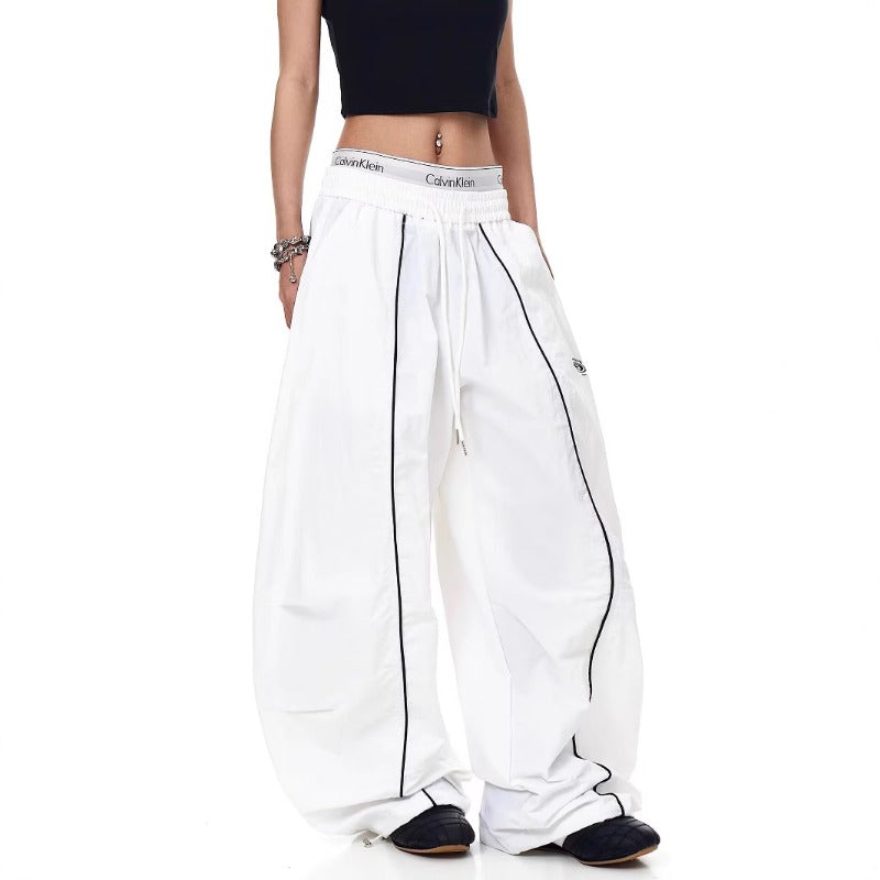 Women casual pants retro women loose high waist wide leg pants