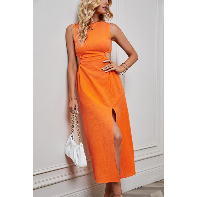 Women's dress - in-house photography, cross-border dress, amazon us & european women's apparel, solid color slit high-waisted dress for women