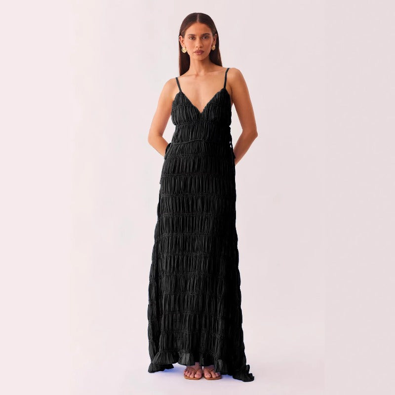 Women's dress - amazon v-neck sexy backless tie-up solid color slip dress, patchwork slim fit elegant slimming long dress