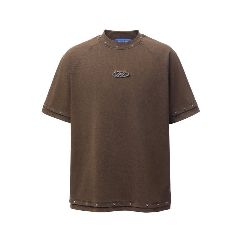 Men's t-shirts: american retro heavyweight double yarn high-quality high street distressed metal embellished men's loose fit short sleeve t-shirt