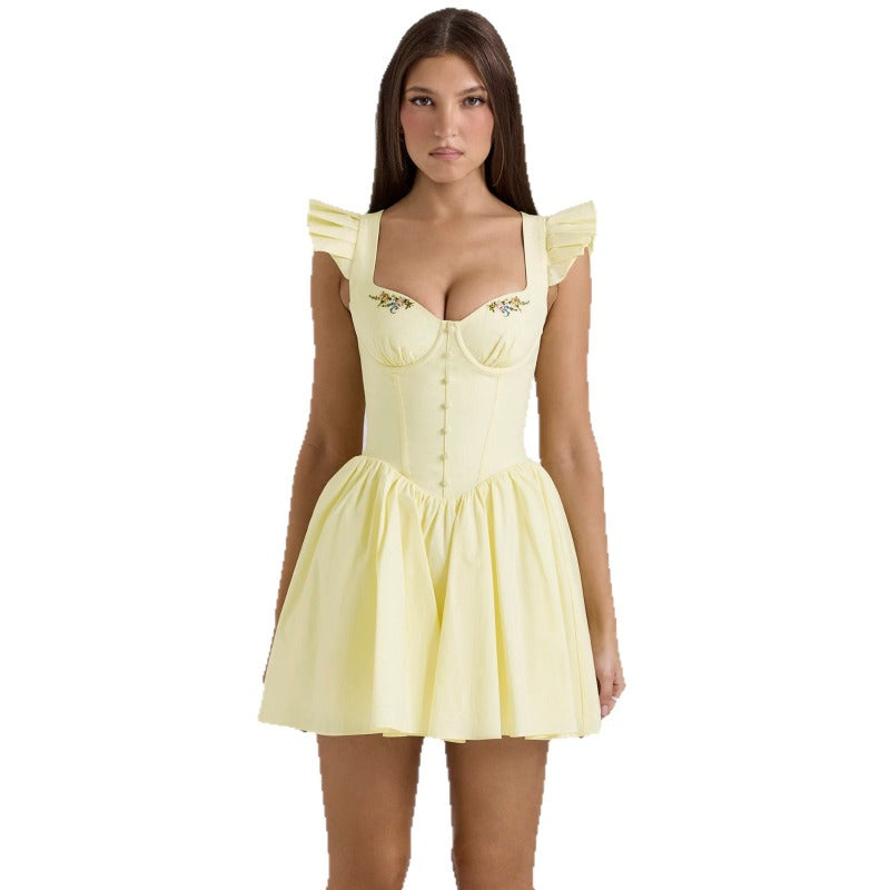Women's dress - cross-border e-commerce summer style: sweet & spicy lace patchwork embroidered cinched waist cami dress