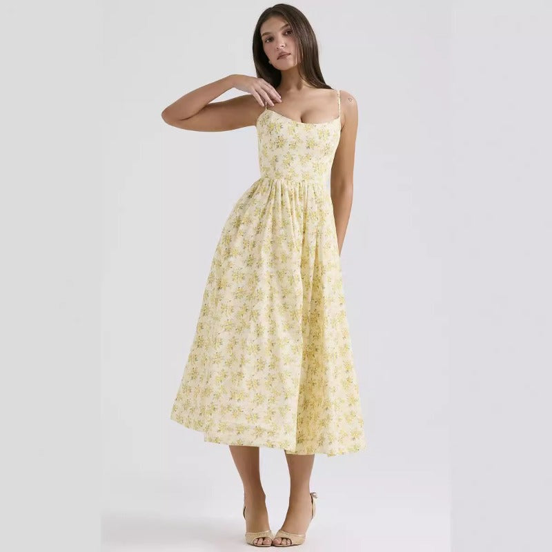 Women's dress - cross-border fashion: sweet & spicy floral midi dress with open back and spaghetti straps - perfect for summer in europe and the us