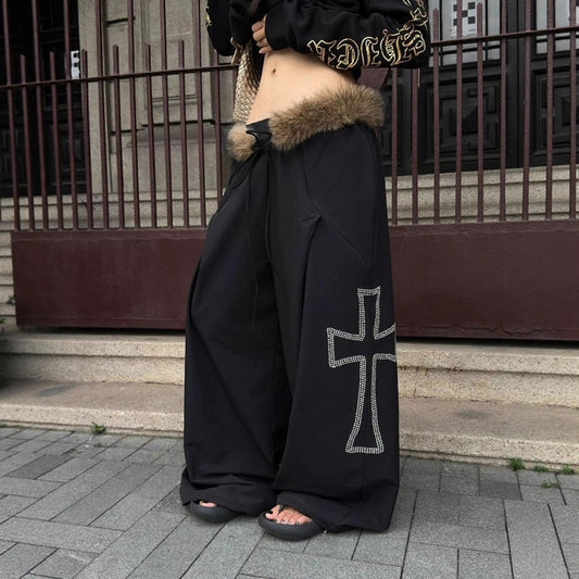 Women's casual pants [free fur collar] retro cross hot diamond drawstring style