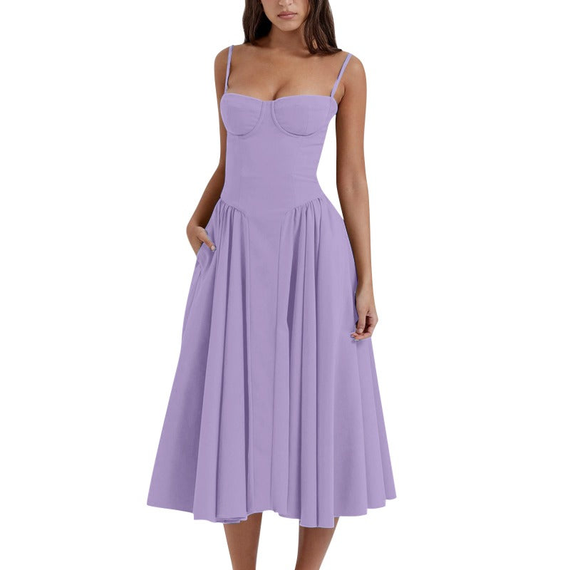 Women's summer amazon dress: french retro long dress, court style dopamine outfit, spaghetti strap dress for women