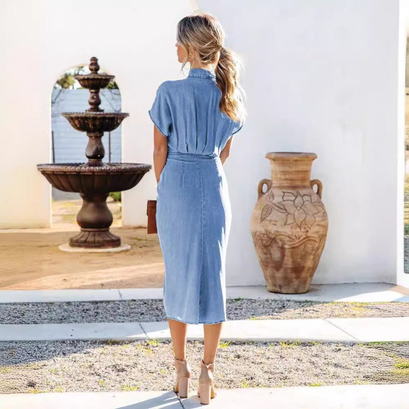 Women's dress european and american cross-border mid-length skirt shirt collar slit pleated silm washed denim dress