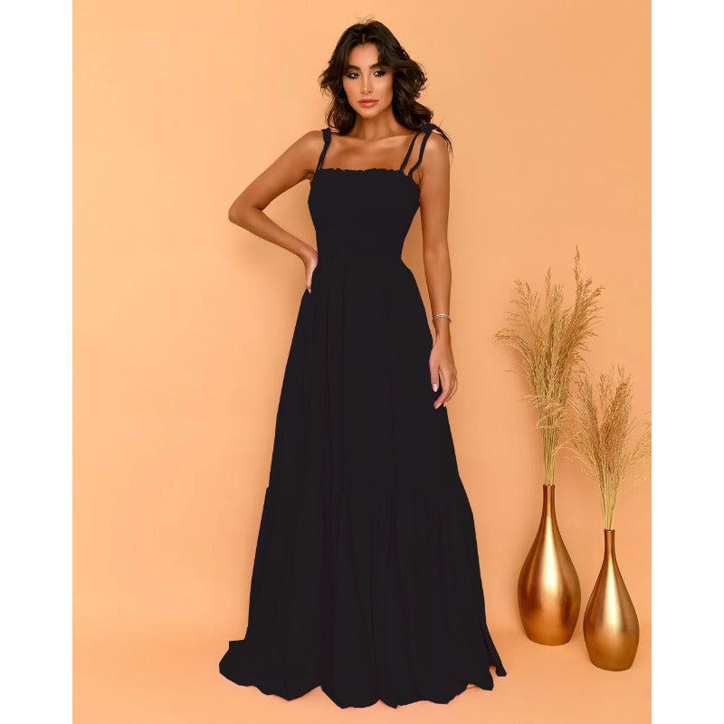 Women's dress: european and american style, solid color, high-waisted, slimming, elegant, vintage-inspired, spaghetti strap, maxi length, dress, light luxury