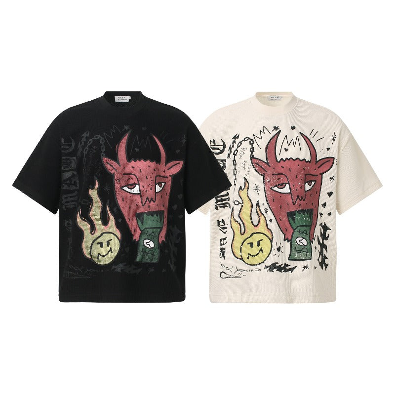 Men t shirts t american retrocouple street trendy waffle grids spoof printing design high street men's loose round neck t-shirt