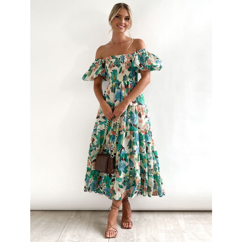 Women's dress: bestselling spring/summer one-shoulder printed puffy sleeve a-line dress for cross-border e-commerce (us/european platforms)