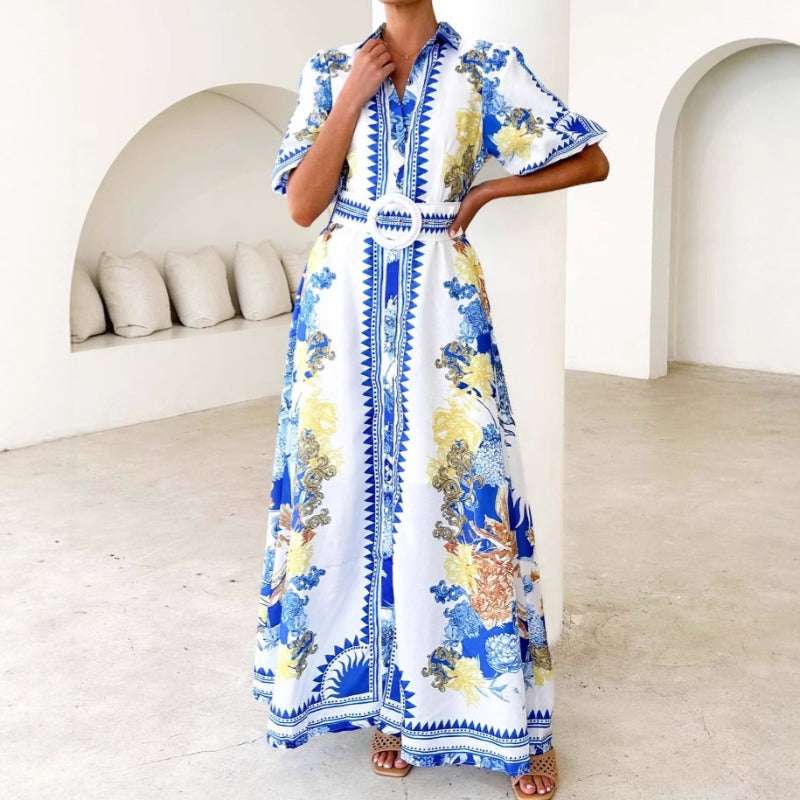Women's summer dress - european and american style, cross-border e-commerce, casual fashion, printed, turn-down collar, women's long dress