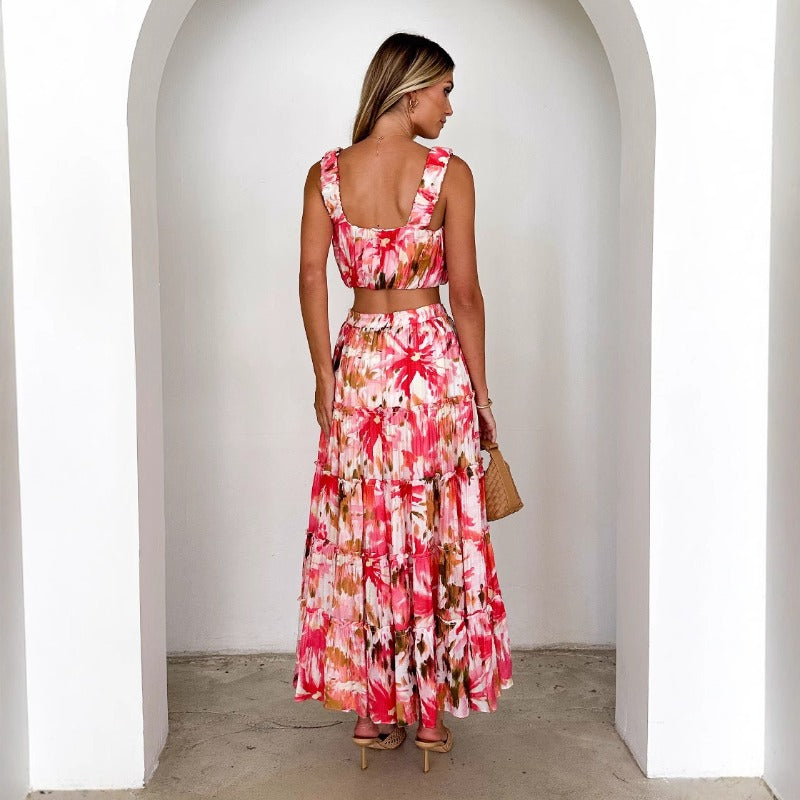 Women's dress: foreign trade vintage sleeveless cropped bandeau cami top with printed high-waisted midi skirt two-piece set