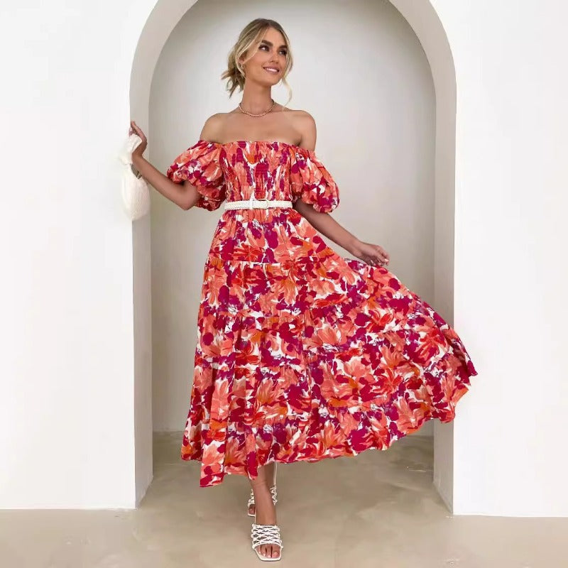 Women's summer dress: european and american style, puff sleeve, slimming maxi dress, hot girl high-waisted off-the-shoulder printed dress