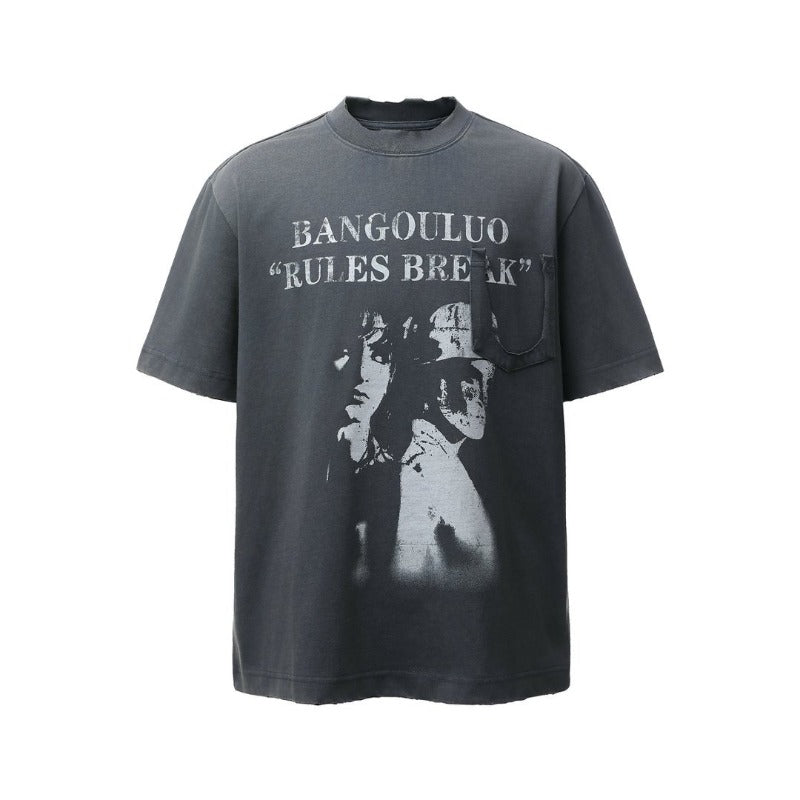 Men's t-shirts: american retro heavyweight double yarn washed & distressed graphic design, high street oversized short sleeve tee