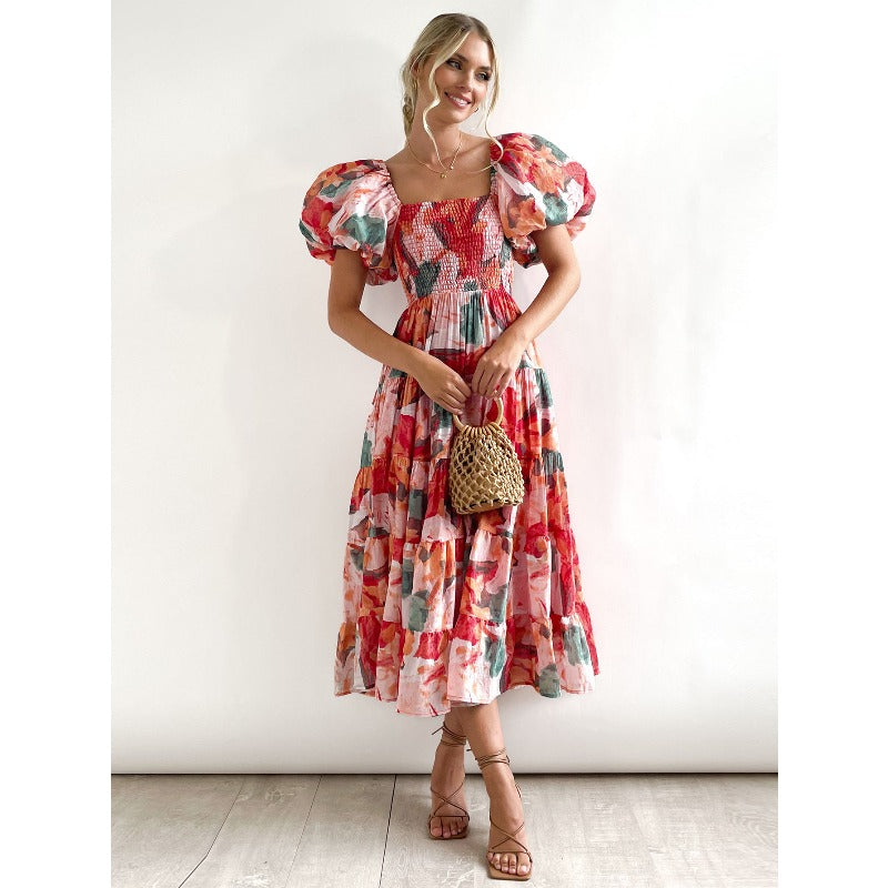 Women's dress: bestselling spring/summer one-shoulder printed puffy sleeve a-line dress for cross-border e-commerce (us/european platforms)