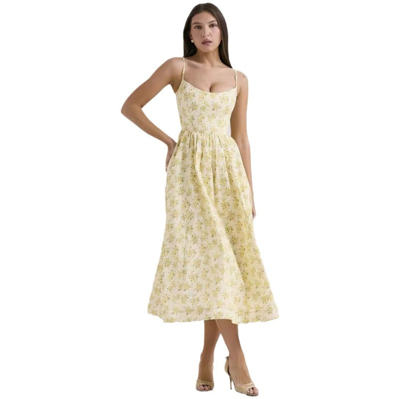 Women's dress - cross-border fashion: sweet & spicy floral midi dress with open back and spaghetti straps - perfect for summer in europe and the us