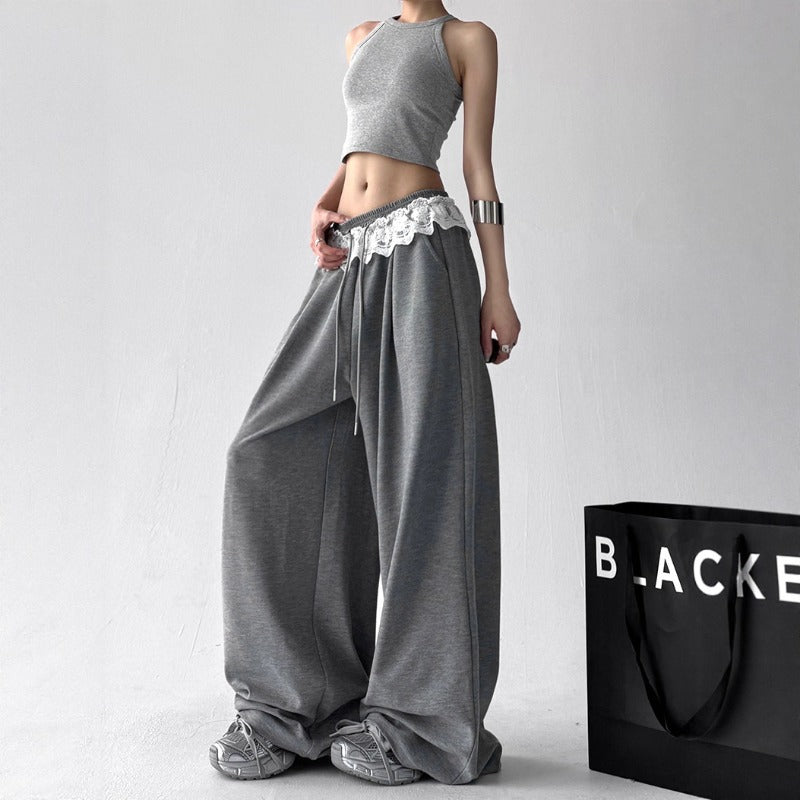 Women casual pants women's summer solid color loose lace drawstring trousers