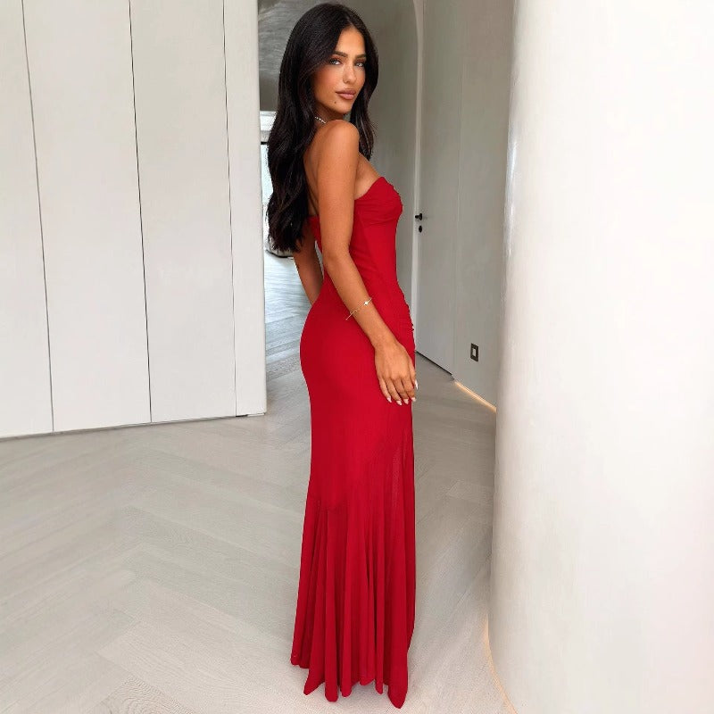 Women's summer dress - european & american style - amazon wish - cocktail party & banquet - sexy & alluring - off-the-shoulder bandeau - sheer mesh maxi dress