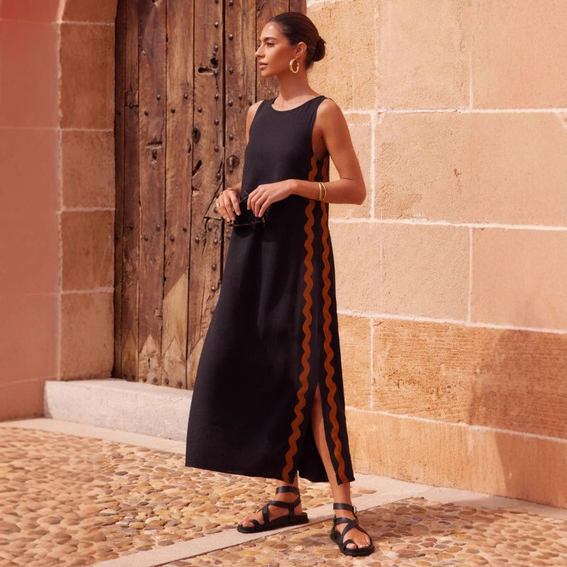 Women's sleeveless midi dress - spring/summer casual fashion: round neck, solid color, lace trim, and slit detail