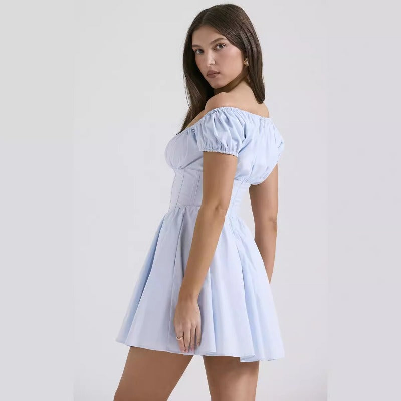 Women's dress - standalone store summer solid color dress - european and american style puff sleeve cinched waist buttoned short dress for women