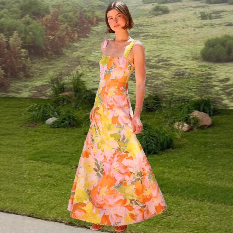 Women's dress - ready stock for export, summer collection, european & american style, cross-border vacation look, spaghetti strap maxi dress with floral print and flared hem