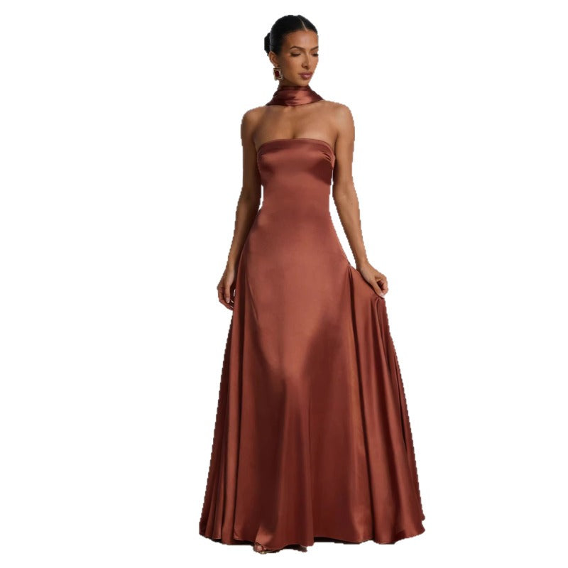 Women's dress - european & american style, sexy, slimming, backless, amazon-inspired bandeau, cinched waist, long formal gown