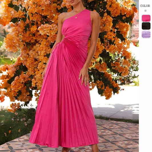 Women's dress: amazon hot-selling cross-border fashionable slim-fit one-shoulder cutout pleated evening gown for spring/summer (us & european styles)