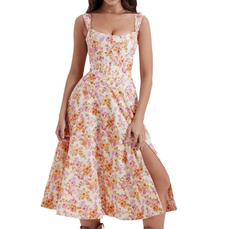 Women's dress - cross-border e-commerce, independent website, foreign trade, spring/summer, european and american style, slimming, spaghetti strap, sexy slit, floral print dress