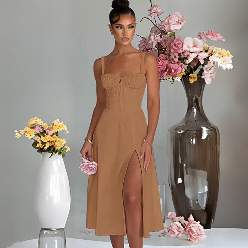 Women's dress - european & american amazon spring/summer fashion casual tie-waist slim-fit slit cami high-end dress