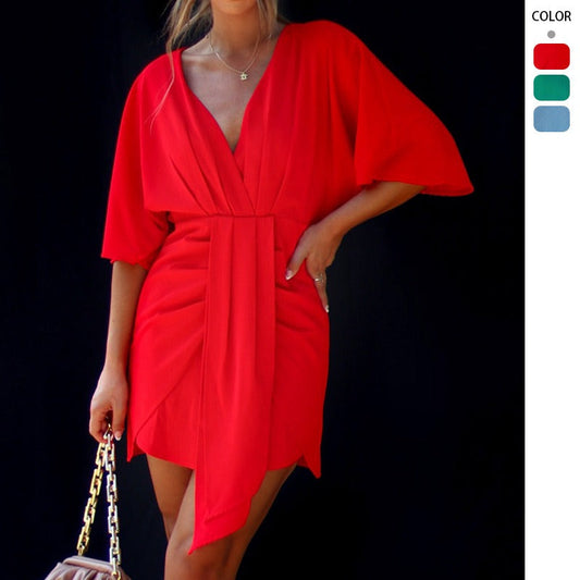 Women's dress - european & american cross-border amazon style - summer solid color elegant asymmetrical slim-fit dress
