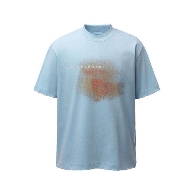 Men's t-shirts: american retro heavyweight double yarn distressed print design, men's high street loose fit short sleeve tee