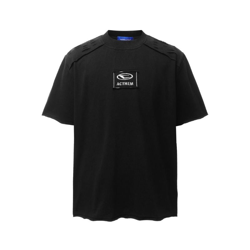 Men's t-shirts: american retro heavyweight double yarn high-quality deconstructed embroidery design, distressed loose fit short sleeve tee