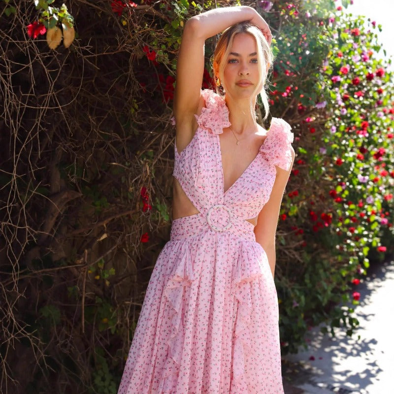 Women's dress - amazon us & europe style - instagrammable vacation maxi dress - cutout, slim fit, deep v neck, ruffle trim, floral print, open back dress