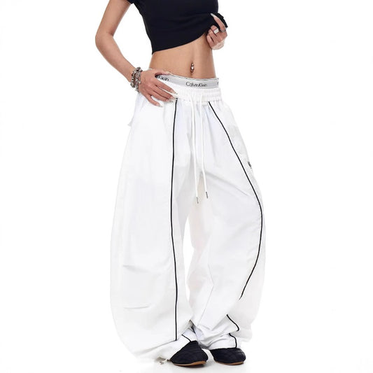 Women casual pants retro women loose high waist wide leg pants