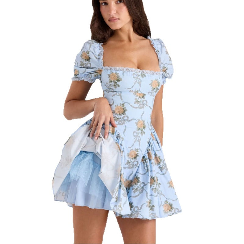 Women's summer fashion elegant square neck slim-fit printed mesh lace bubble sleeve waist-cinching dress
