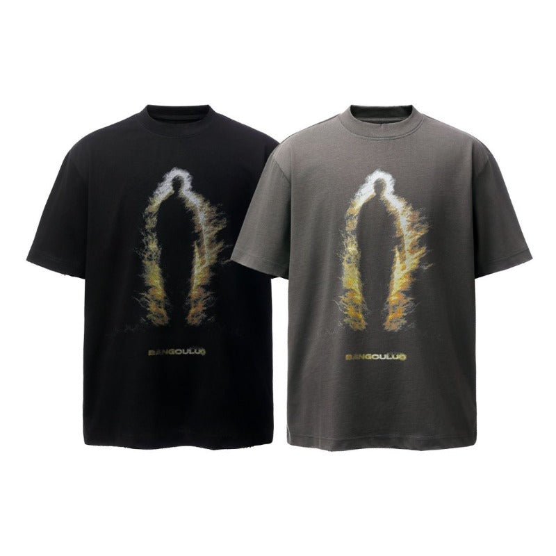 Men's t-shirts: american retro heavyweight double yarn character print crew neck design, men's high street loose fit short sleeve tee