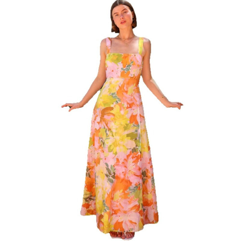Women's dress - ready stock for export, summer collection, european & american style, cross-border vacation look, spaghetti strap maxi dress with floral print and flared hem