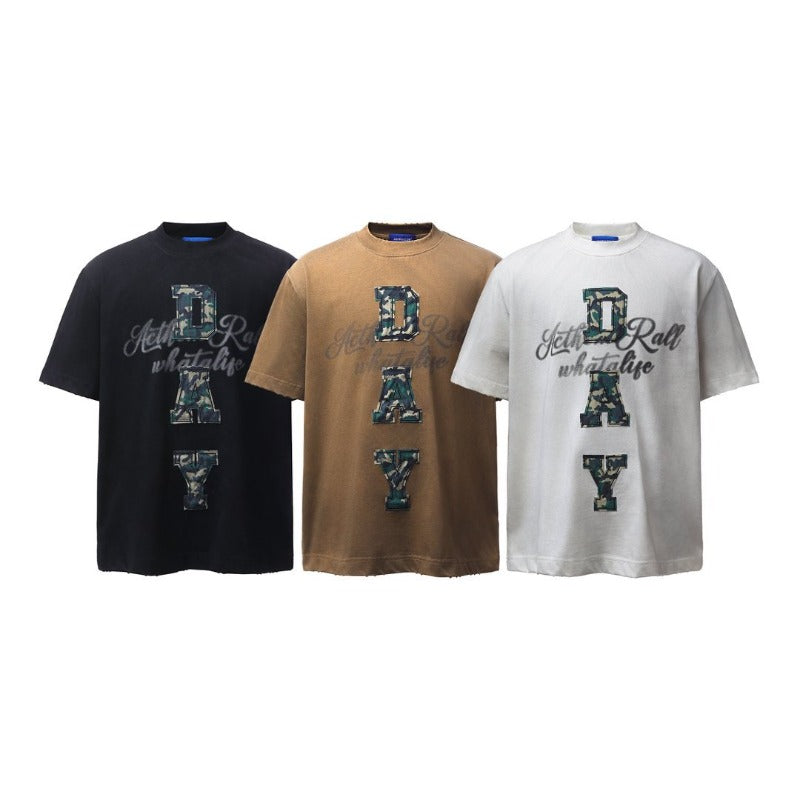 Men's t-shirts: american retro heavyweight double yarn high-quality letter patch embroidery design, men's loose fit short sleeve t-shirt