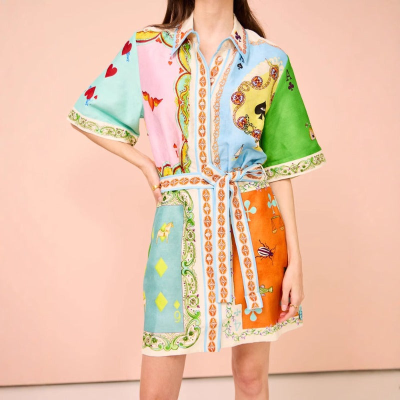 Women's dress - cross-border spring/summer collection - amazon us/eu premium printed holiday dress - notch collar, cinched waist, short sleeve