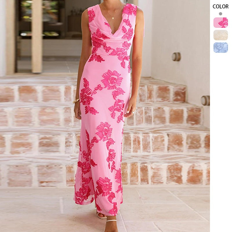 Women's dress: european and american summer 3d embroidered backless personality tie-up maxi dress - exquisite floral embroidery banquet gown