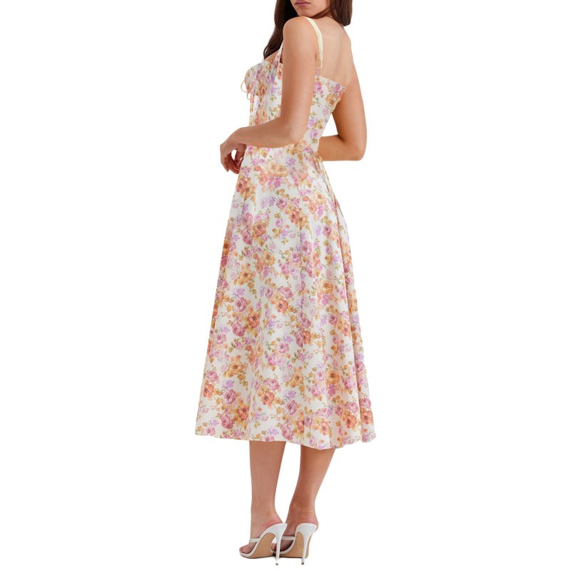 Women's dress: european and american style, high-end sensibility, spaghetti strap, sexy backless, summer floral print, french style dress for women