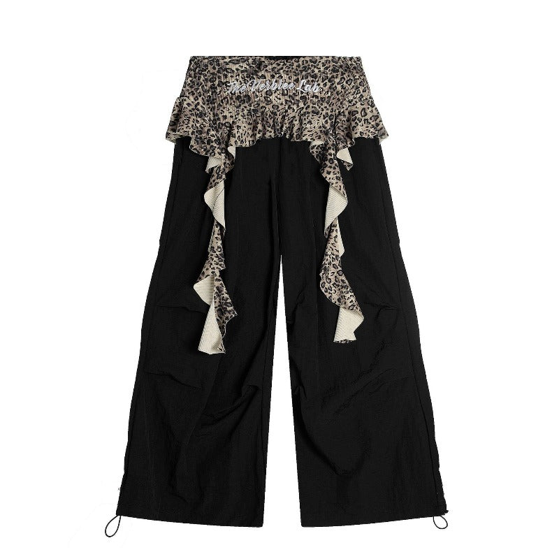 Women casual pants women's summer wide fake two-piece leopard print fart curtain splicing wide-leg pants