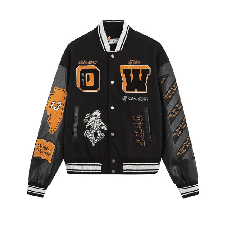 Off White Jacket Spring OW Skull Decal Woolen Splicing Leather Sleeve Heavy Industry Embroidered Jacket