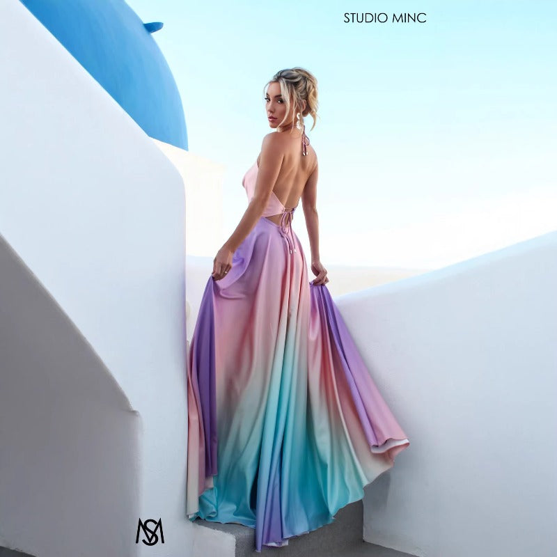 Women's dress - european & american style, a-line, cinched waist, gradient dress, amazon sexy deep v gown, long dress for women